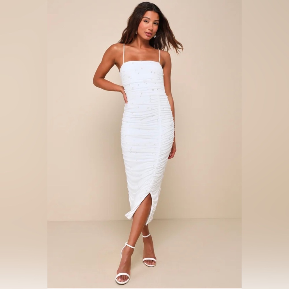 White Ruched Midi Dress with Spaghetti Straps